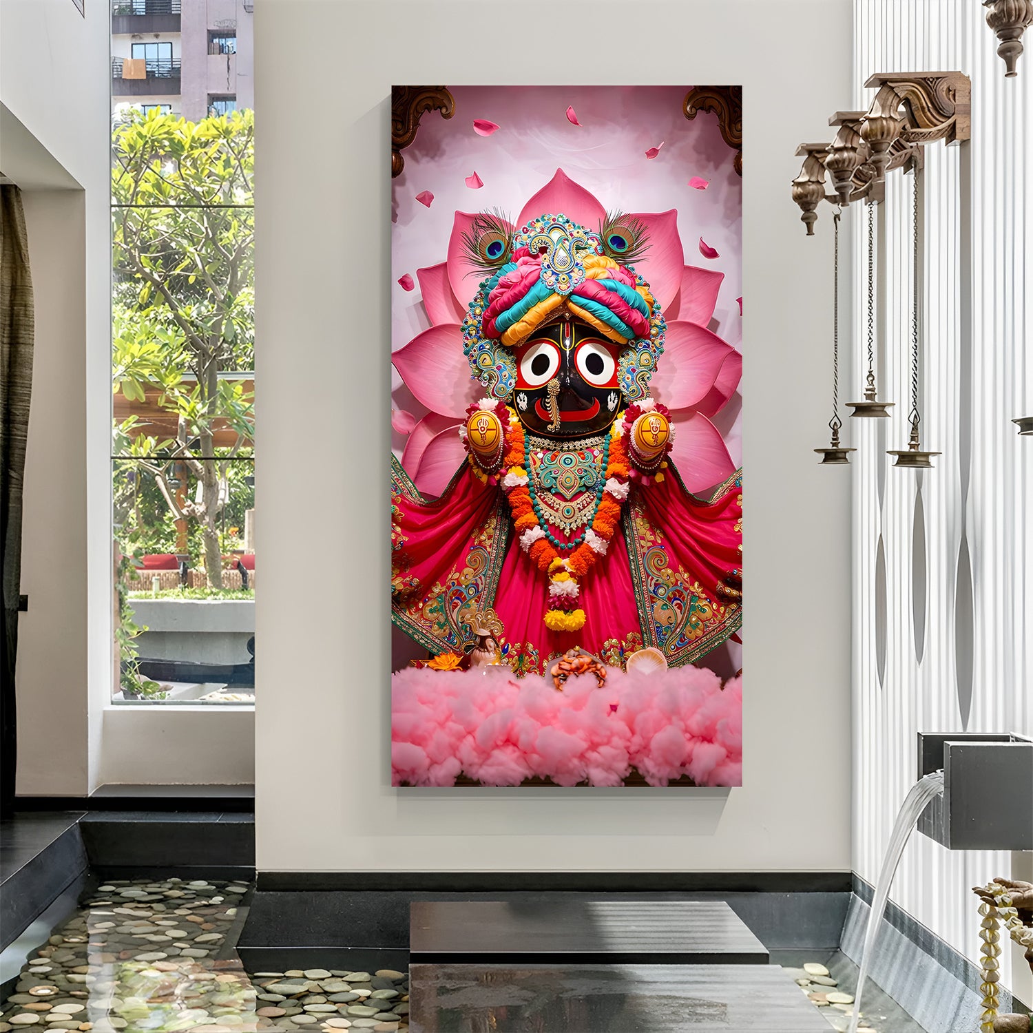 Lord Jagannath illustration with stylized pink lotus backdrop in premium canvas wrapped frame