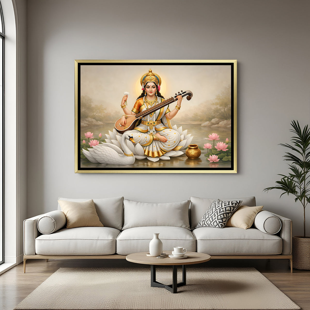 Elegant Saraswati veena artwork in golden floater frame for living room decor.