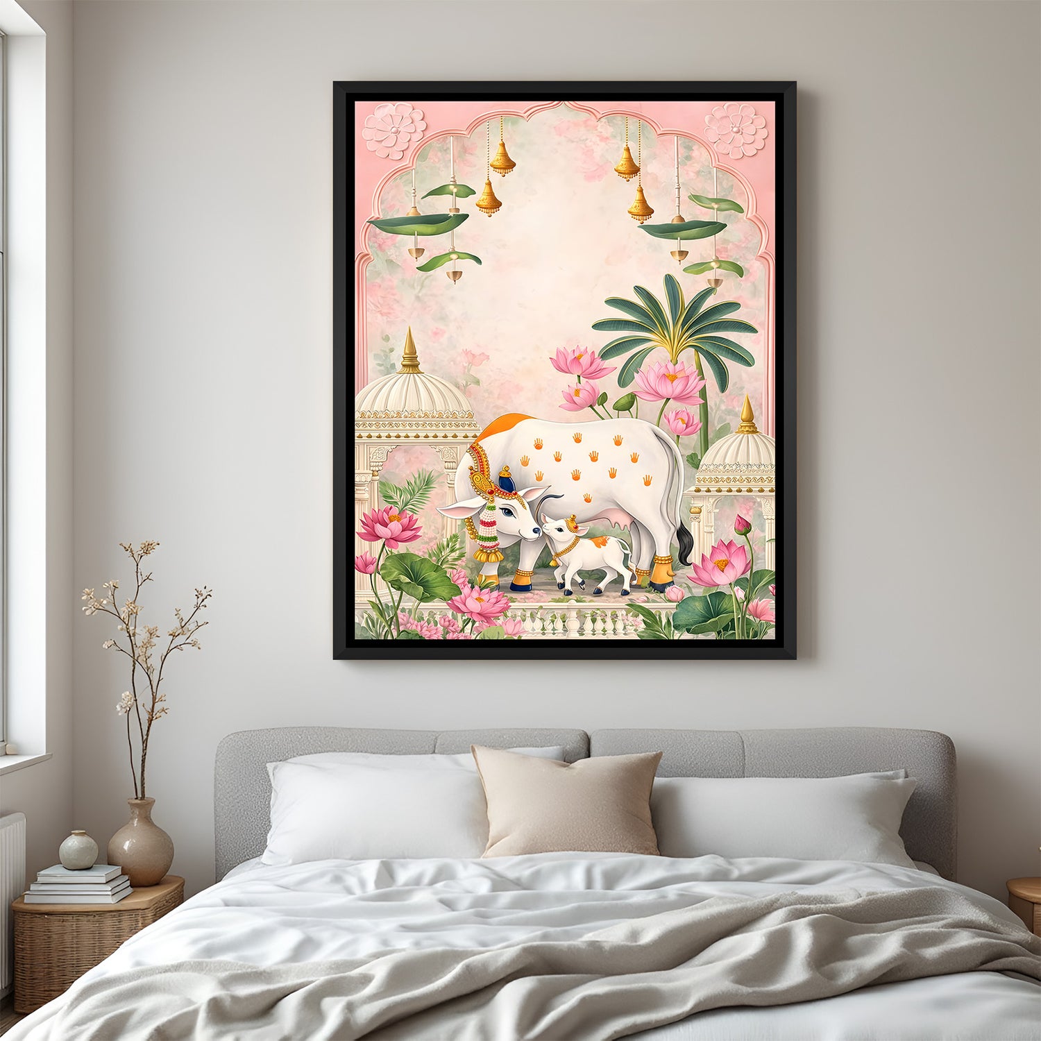 Traditional Pichwai Kamdhenu artwork with lotus temple design in elegant black floater frame