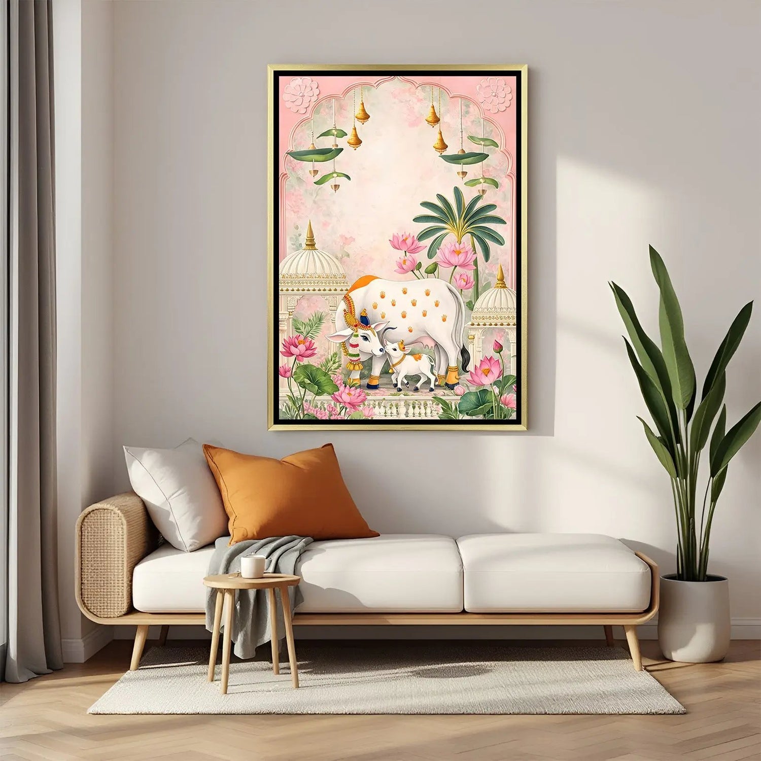 Lotus Temple Kamdhenu artwork in luxury golden floater frame featuring sacred cow, calf, and lotus motifs