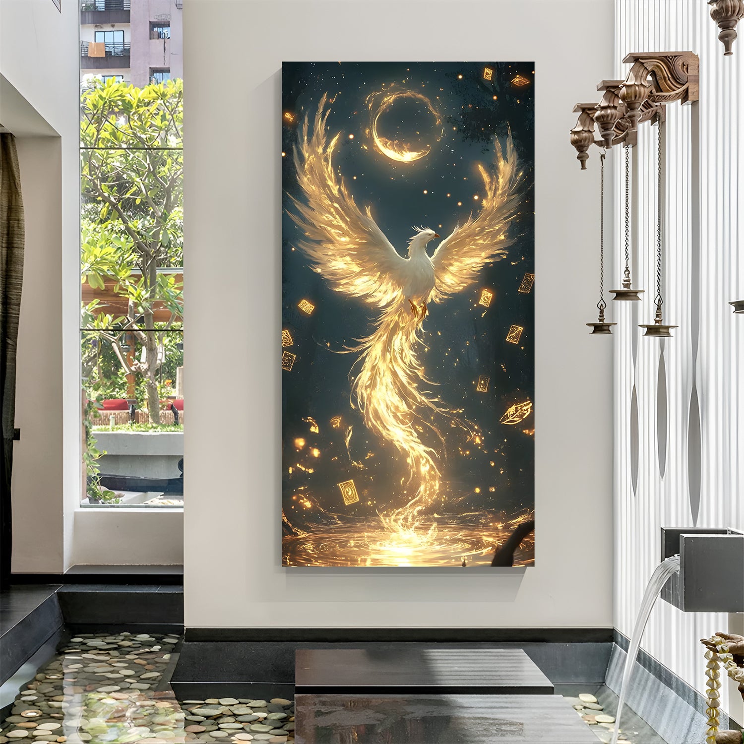 Vertical golden phoenix wall art rising beneath glowing crescent moon in dark celestial background.