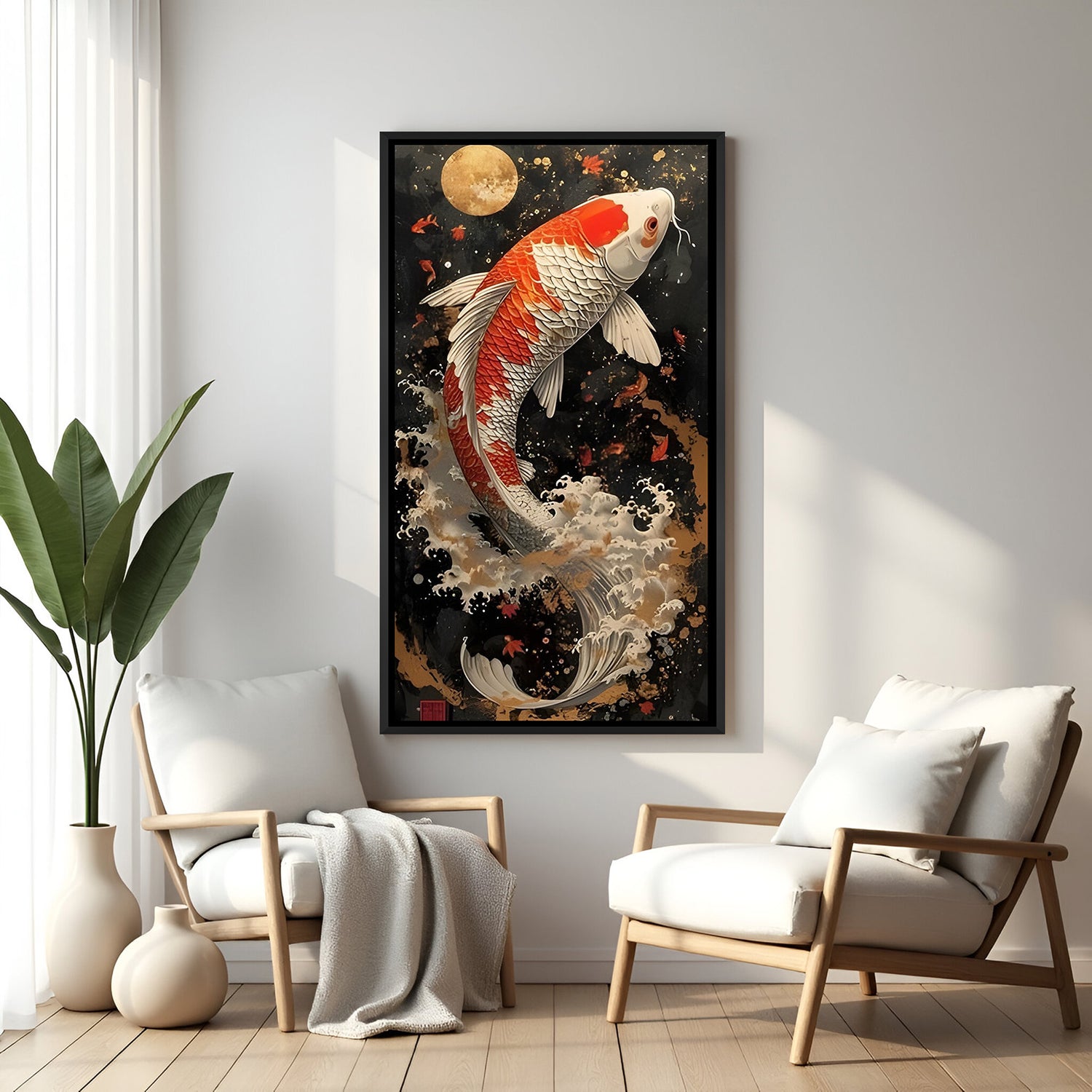 Moonlit koi fish wall artwork featuring a leaping orange and white carp in elegant black floater frame