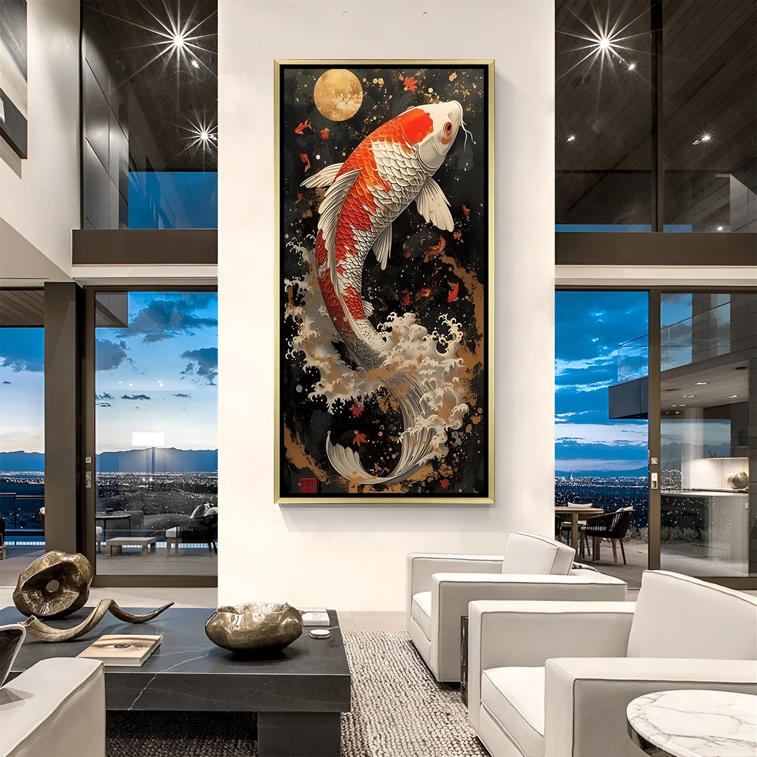 Lunar Ascension Koi Moonrise artwork in luxury golden floater frame featuring a vibrant koi and glowing full moon