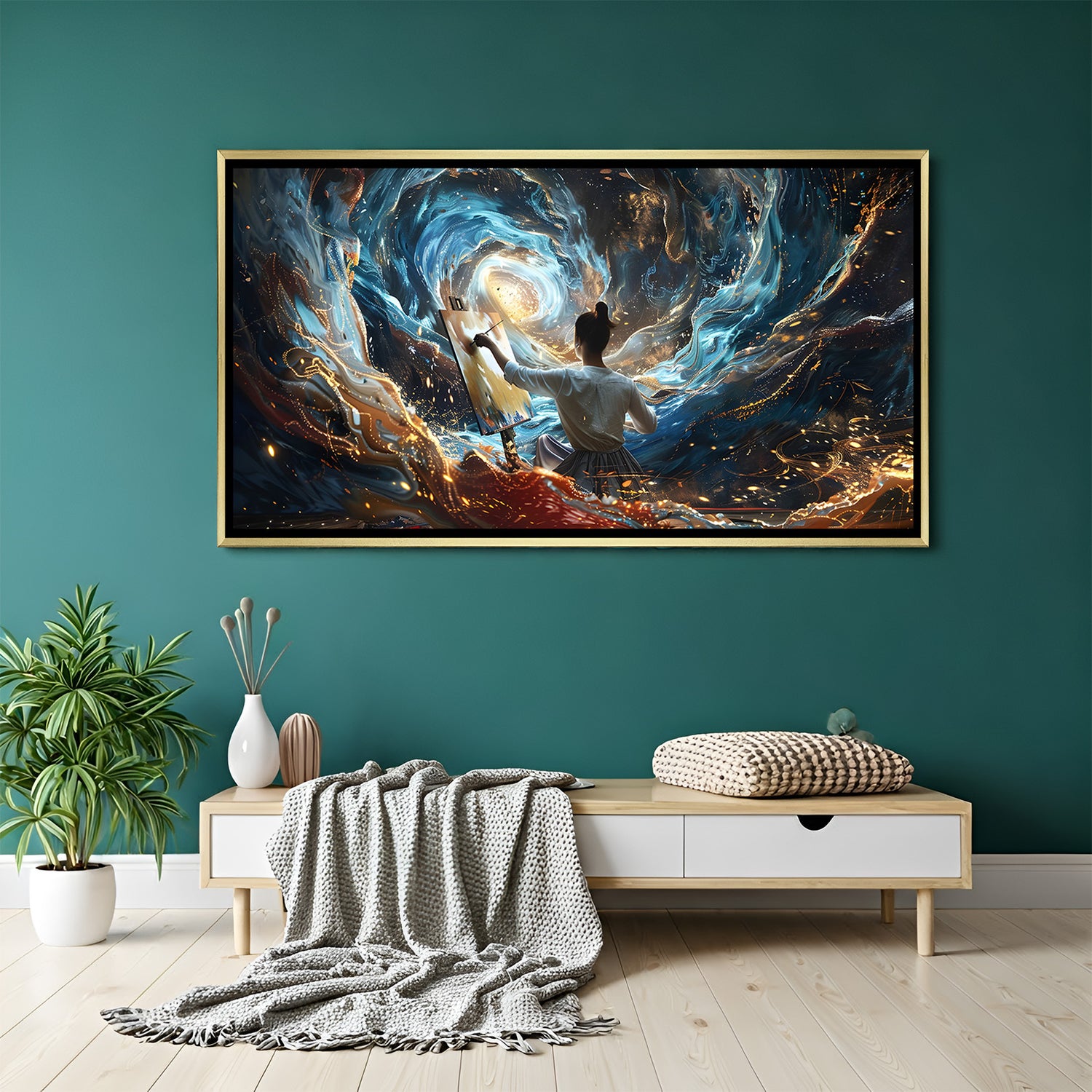 Inspirational galaxy artwork in gold floater frame showing artist surrounded by celestial energy.