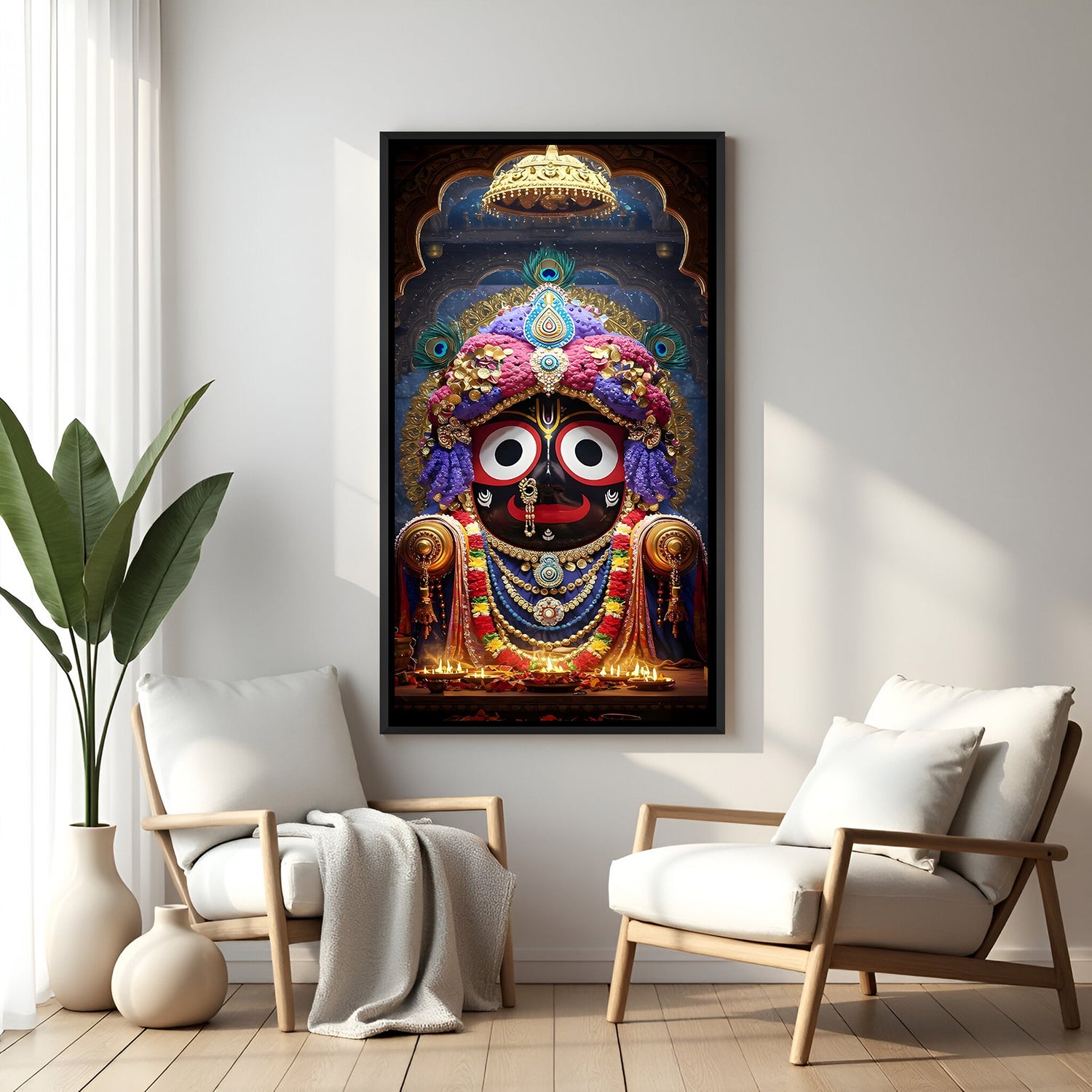 Premium Jagannath temple portrait artwork in black floater frame for modern spiritual interior.