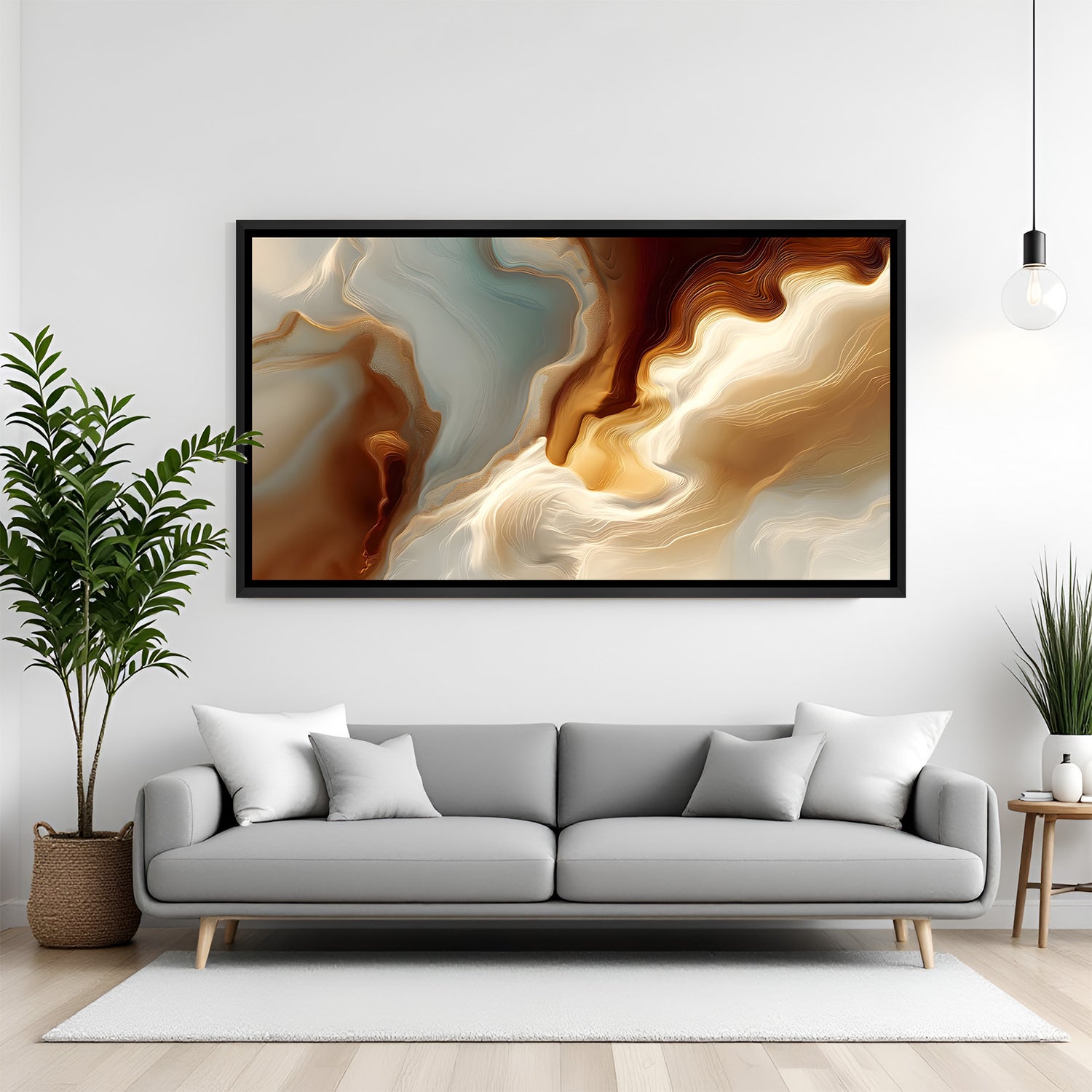 Neutral marble abstract canvas wall art with brown and beige tones in black floater frame above sofa in contemporary living room decor