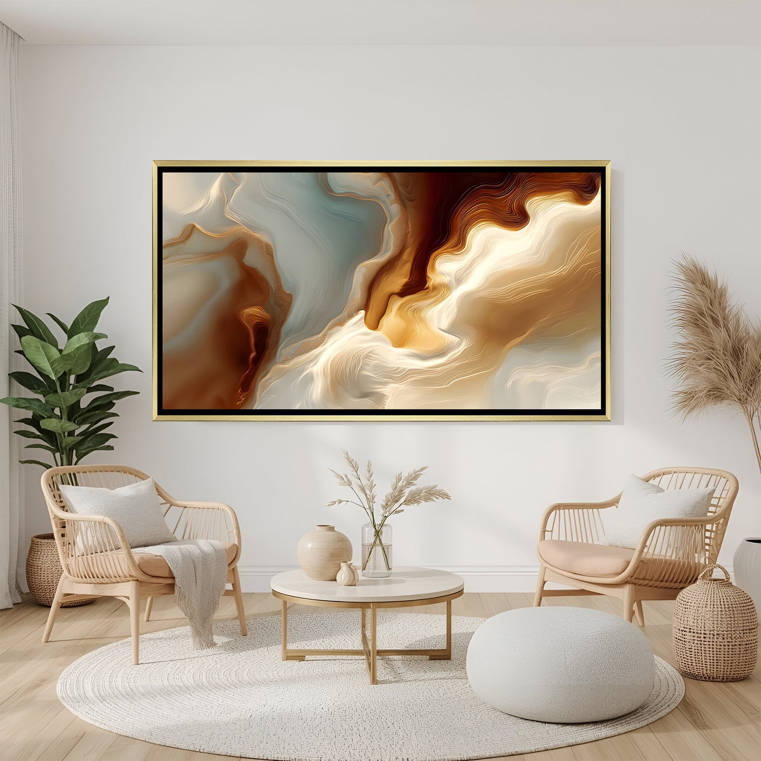 Luxury abstract marble canvas wall art in warm neutral tones with golden floater frame displayed in elegant modern living room decor