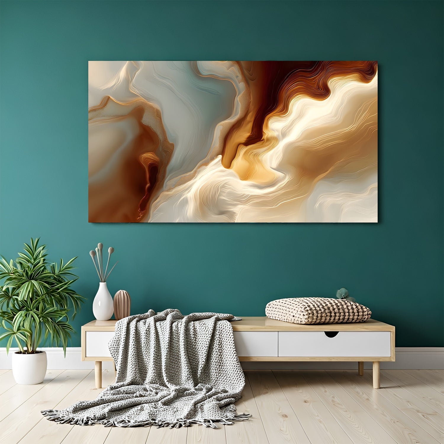 Luxury neutral abstract canvas wall art with marble flow design in brown, beige, and ivory tones displayed above sofa in modern living room canvas wrap decor