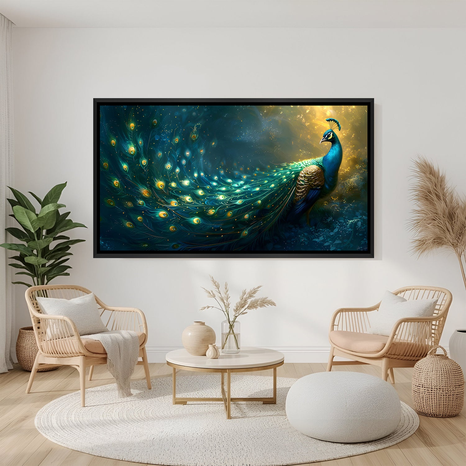 Wide peacock wall art in a sleek black floater frame showcasing luminous feather eyes and dramatic golden highlights in a modern living room setting.