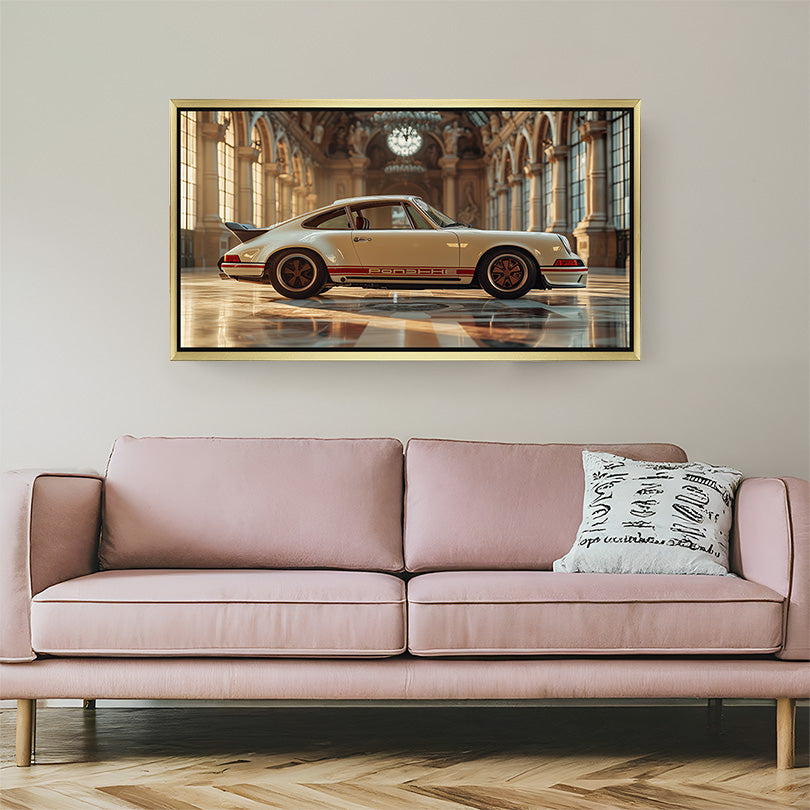 Golden frame canvas showing Porsche parked in a palace—perfect blend of luxury car art and architectural grandeur