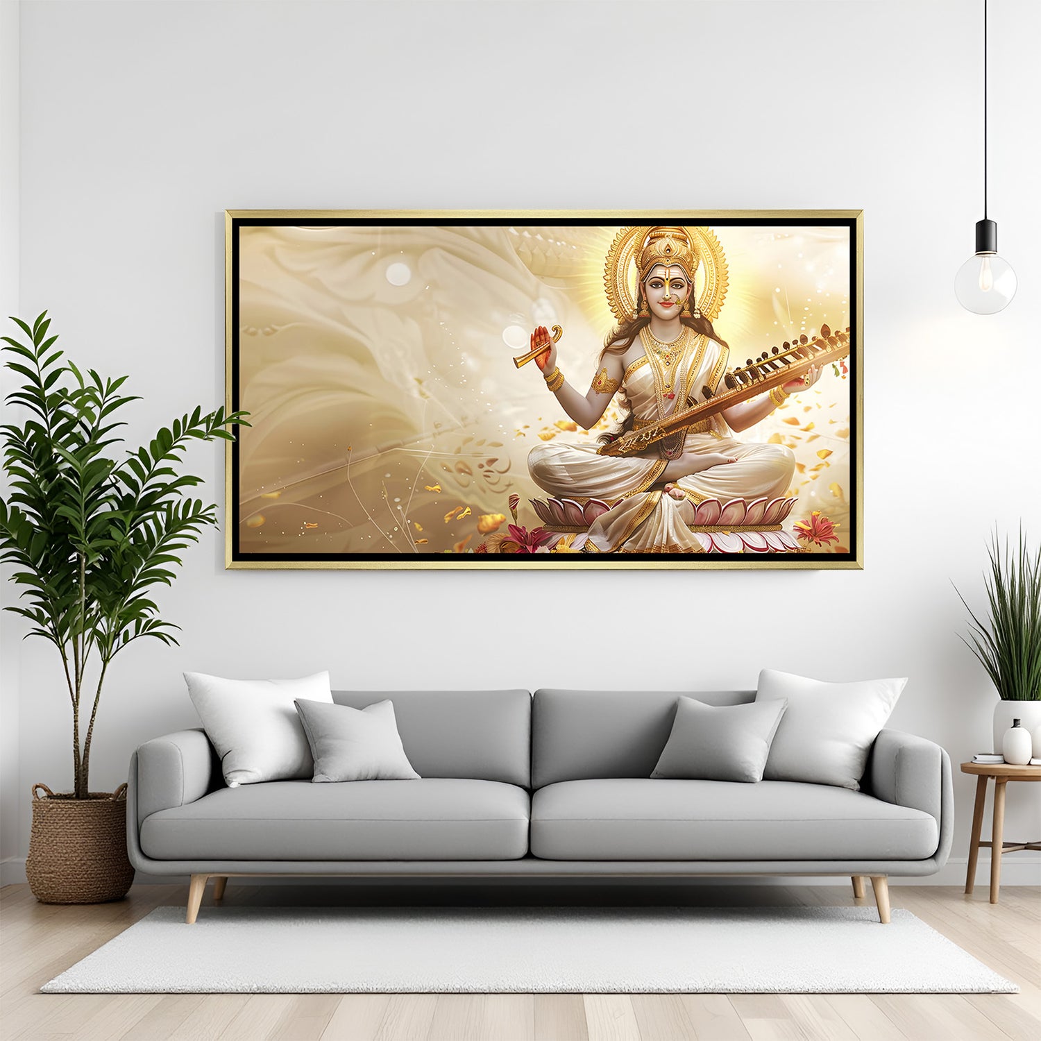 Elegant Saraswati lotus veena wall decor in premium golden floater frame.
