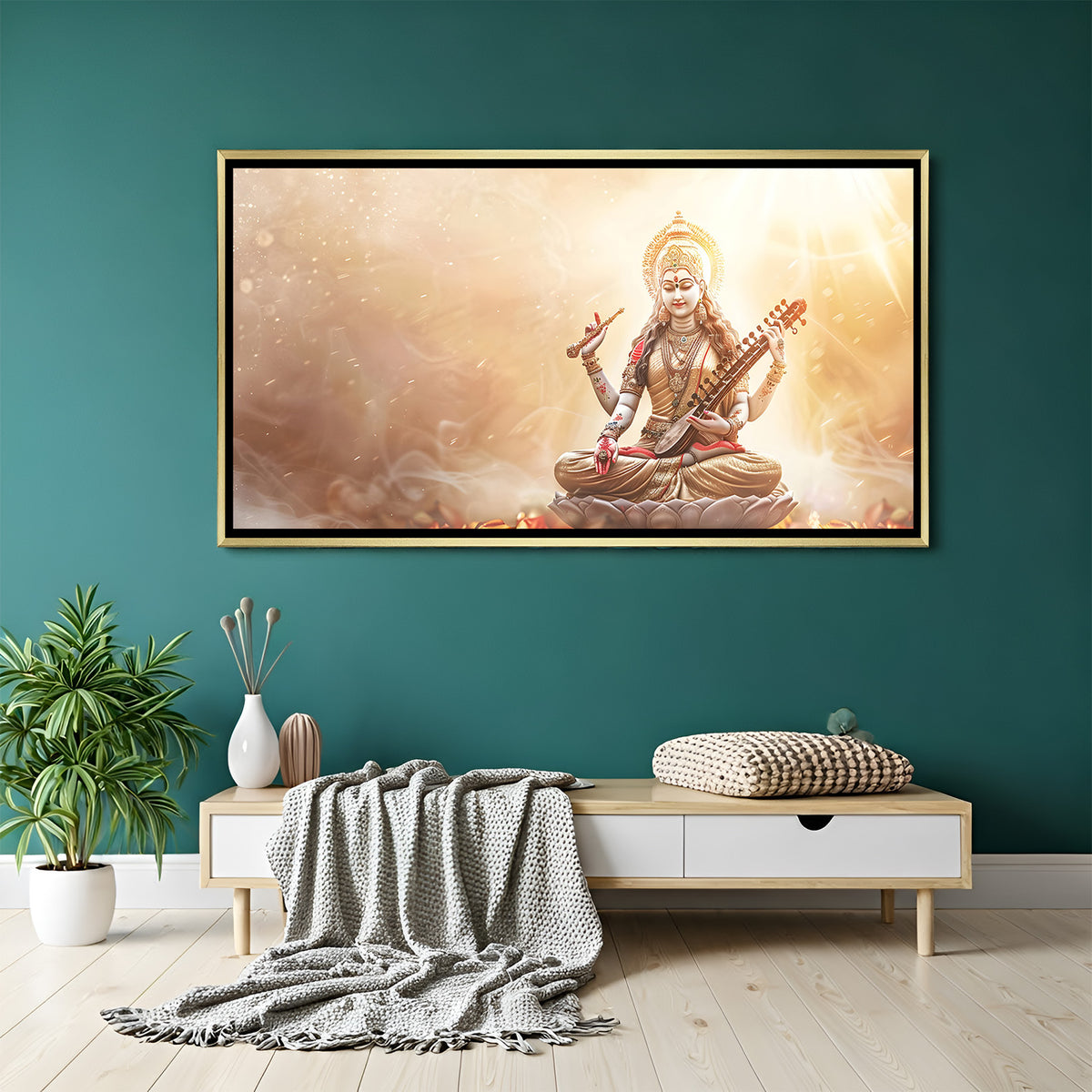 Celestial Saraswati wall decor in premium golden floater frame with luminous background.
