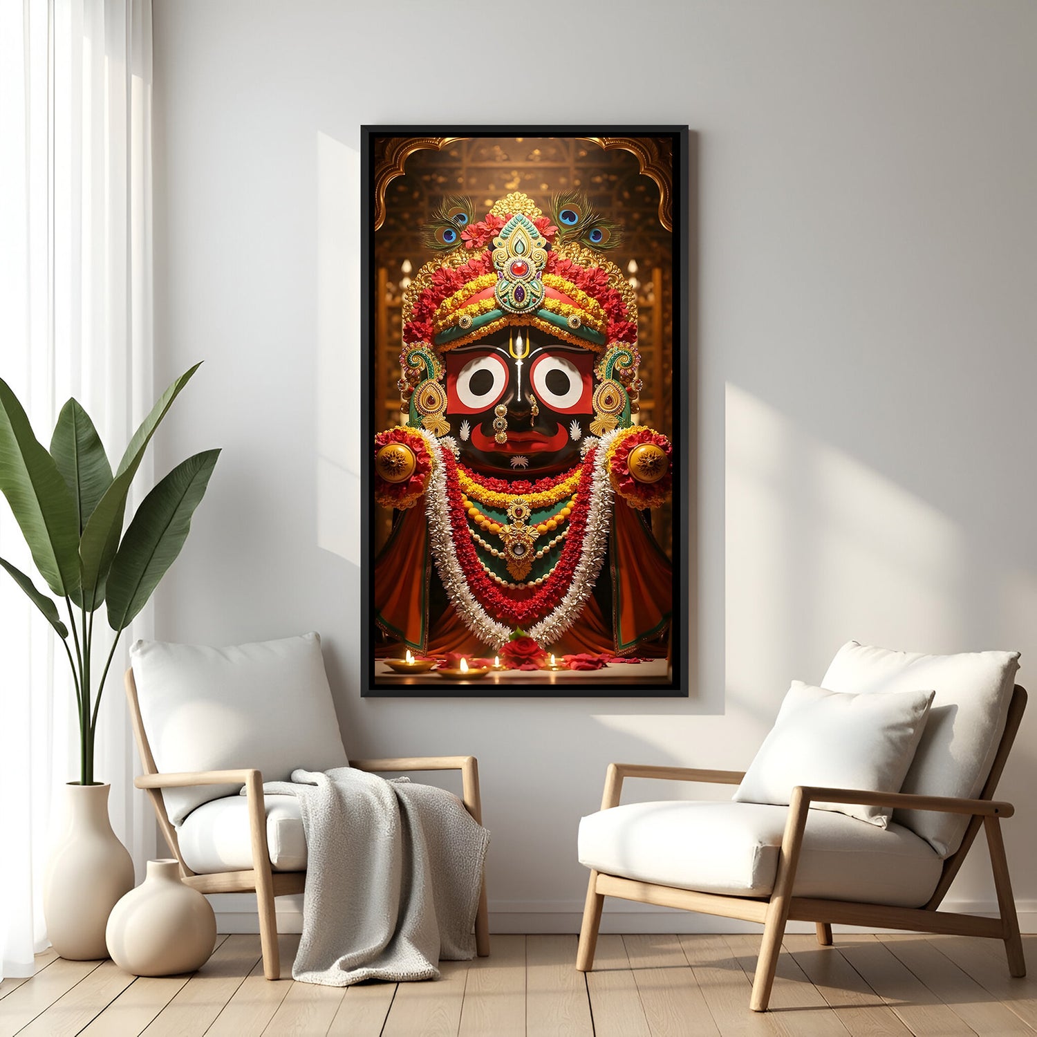 Lord Jagannath luxury temple wall art displayed in black floater frame with floral garlands and peacock feathers.