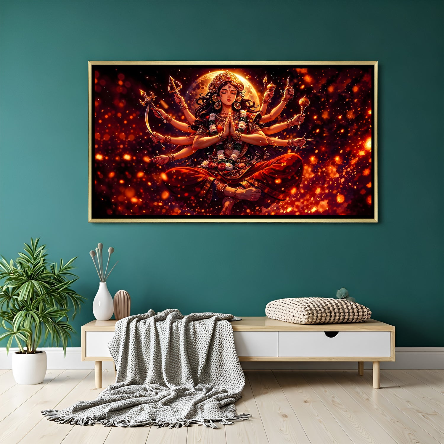 Divine Maa Durga meditation pose canvas painting with glowing background in luxury golden floater frame