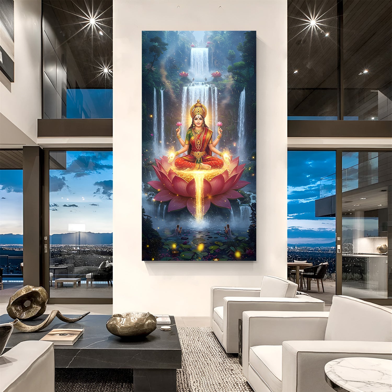 Maa Lakshmi seated in sacred waterfall spiritual canvas wrapped wall art with divine glow
