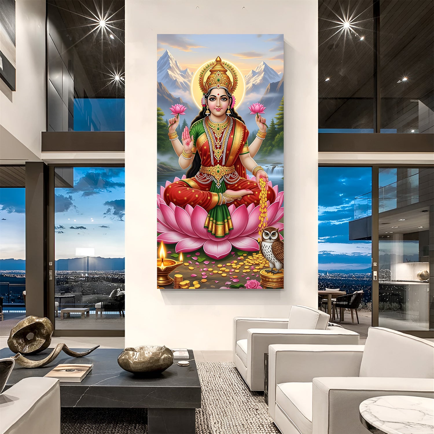 Maa Lakshmi seated on lotus with sacred owl and mountain backdrop in premium canvas wall art