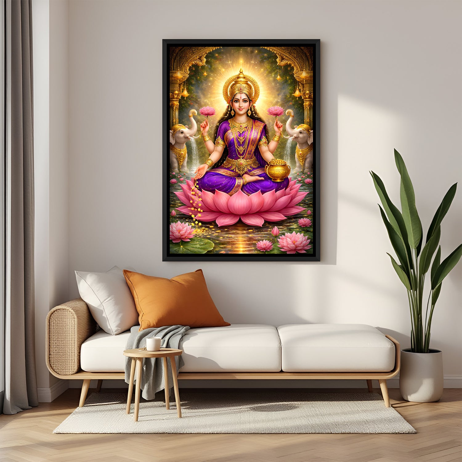 Maa Lakshmi divine wall painting in elegant black floater frame with elephants and lotus flowers