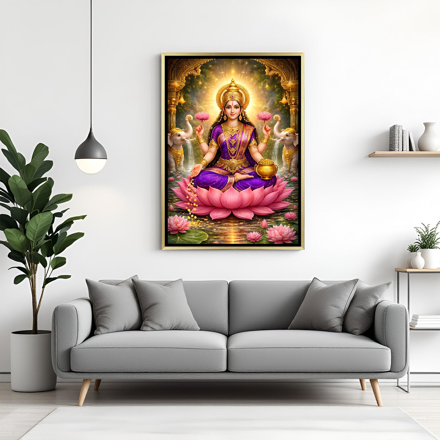 Maa Lakshmi luxury spiritual artwork in golden floater frame with lotus and divine glow