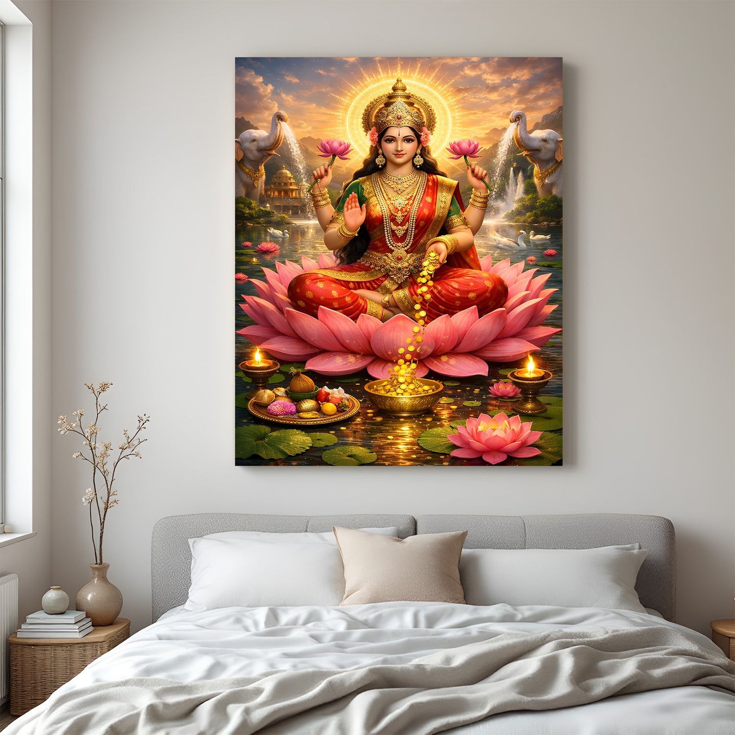 Maa Lakshmi seated on pink lotus with two sacred white elephants spiritual canvas wall art