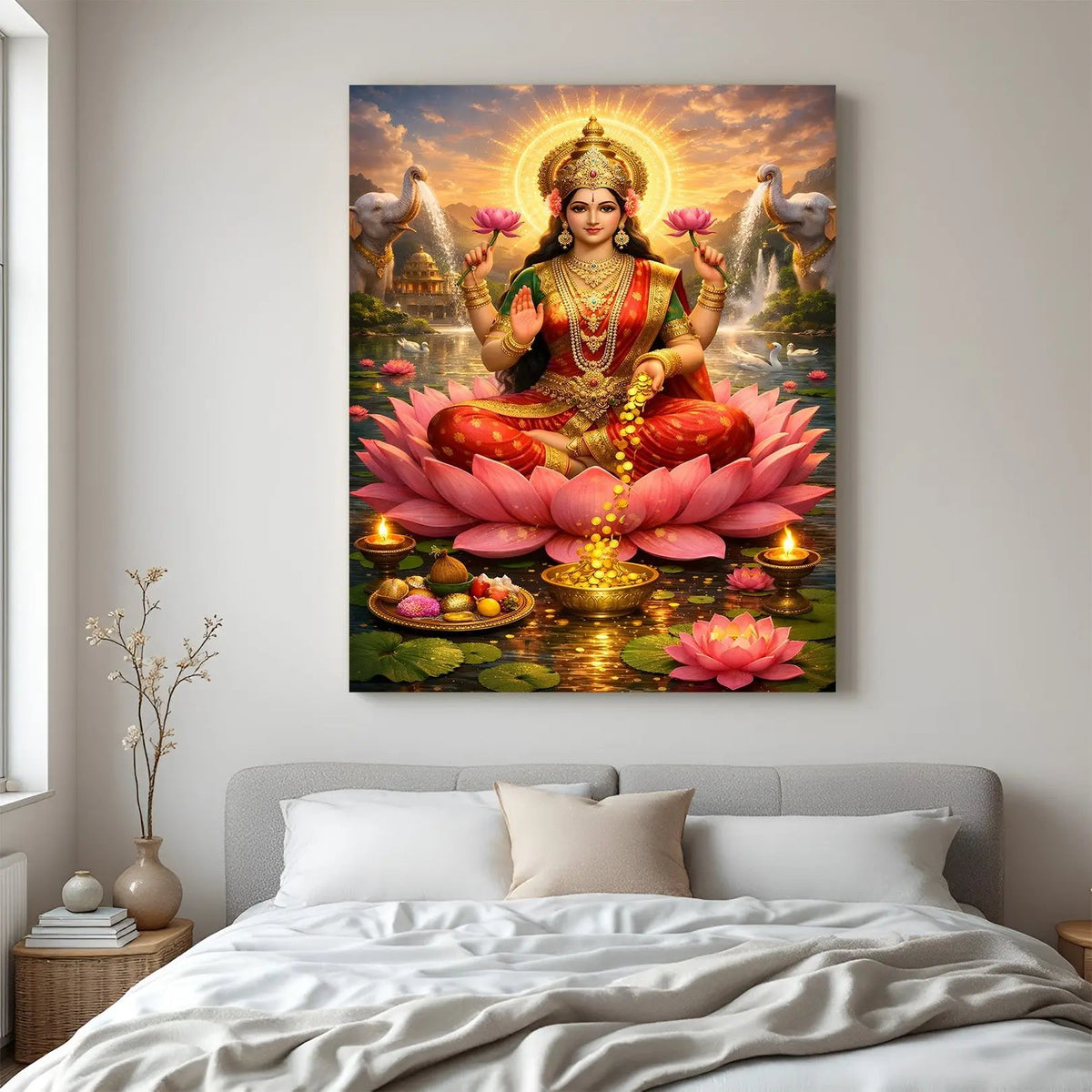 Maa Lakshmi seated on pink lotus with two sacred white elephants spiritual canvas wall art