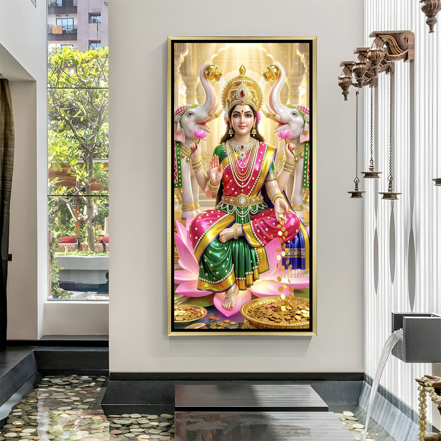 Maa Lakshmi luxury spiritual artwork in golden floater frame with sacred elephants