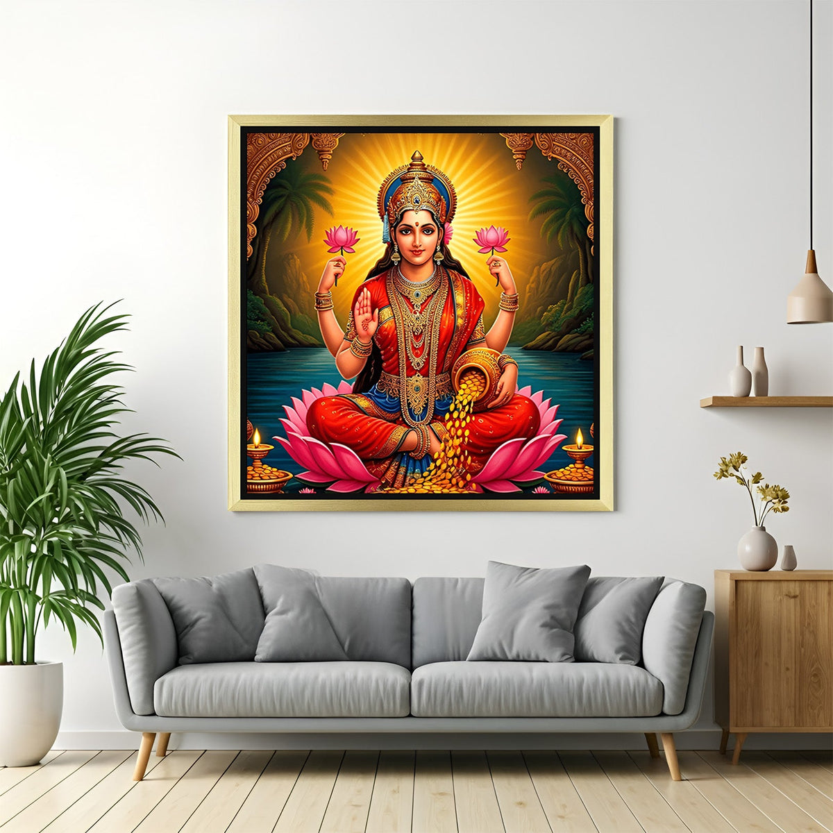 golden frame maa laxmi vastu canvas wall art to bring abundance harmony and spiritual peace into your home or office environment