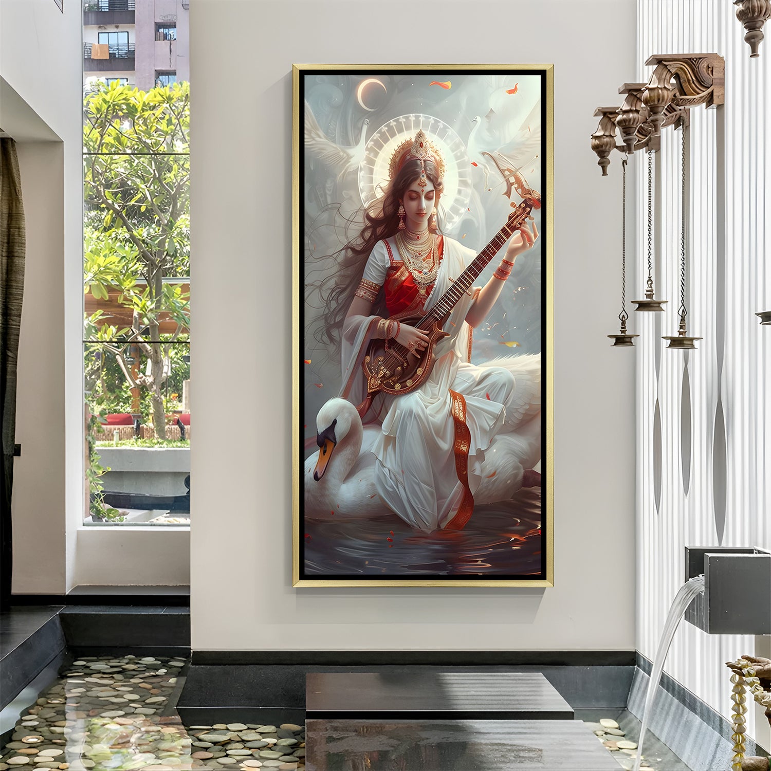 Maa Saraswati celestial artwork in luxury golden floater frame with glowing moon behind her
