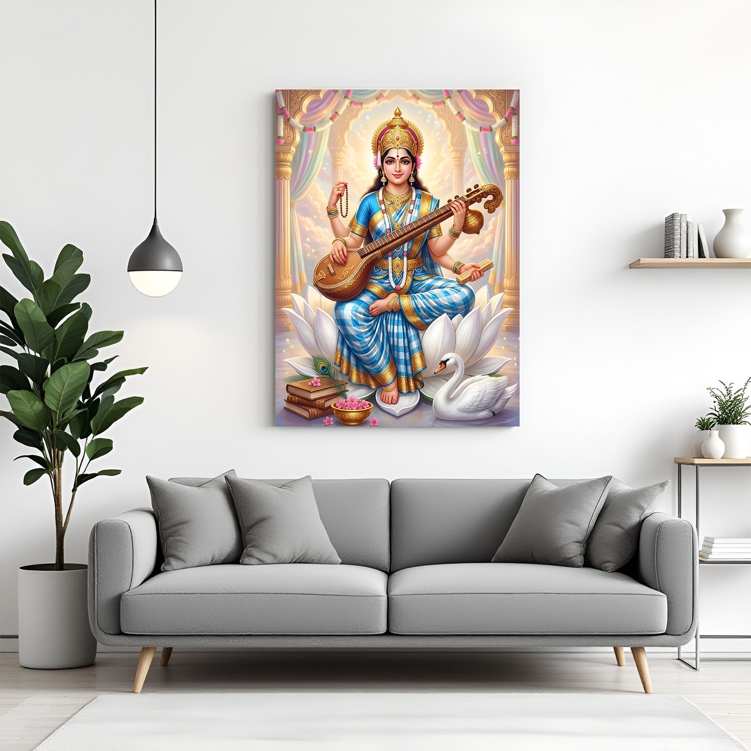 Maa Saraswati seated on white lotus with swan and sacred books spiritual canvas wall art