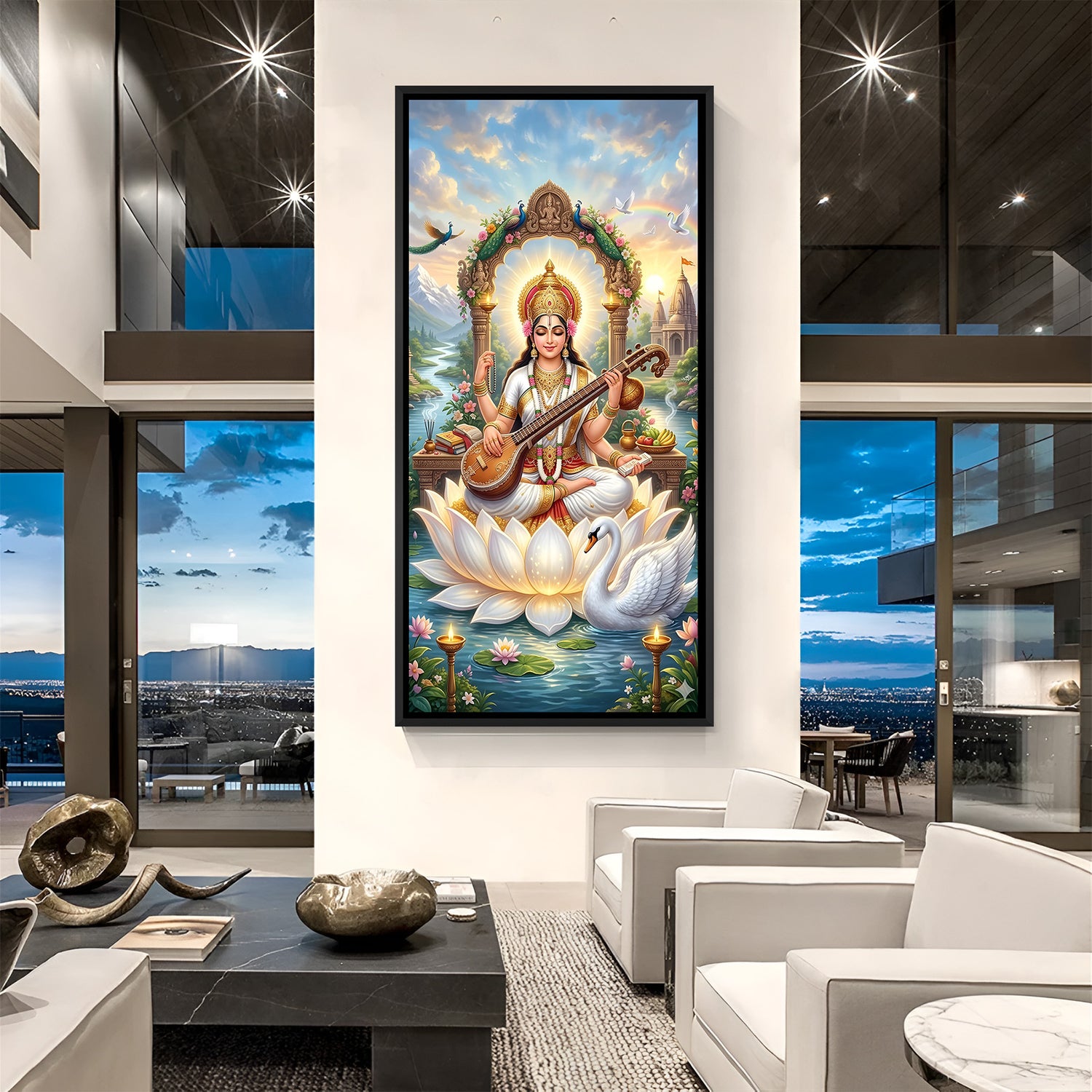 Maa Saraswati divine wall painting in elegant black floater frame sitting on white lotus