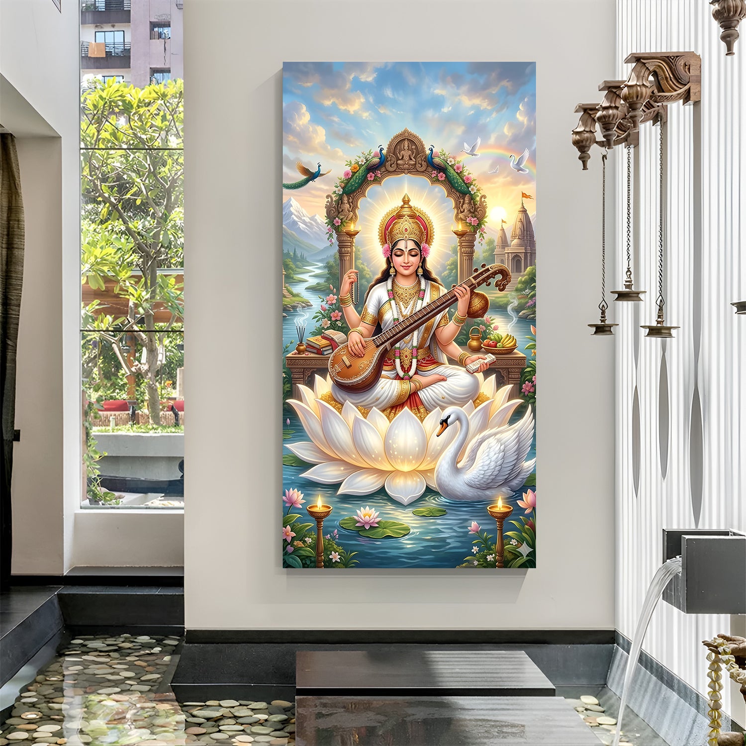 Maa Saraswati seated on white lotus in premium spiritual canvas wrapped wall art