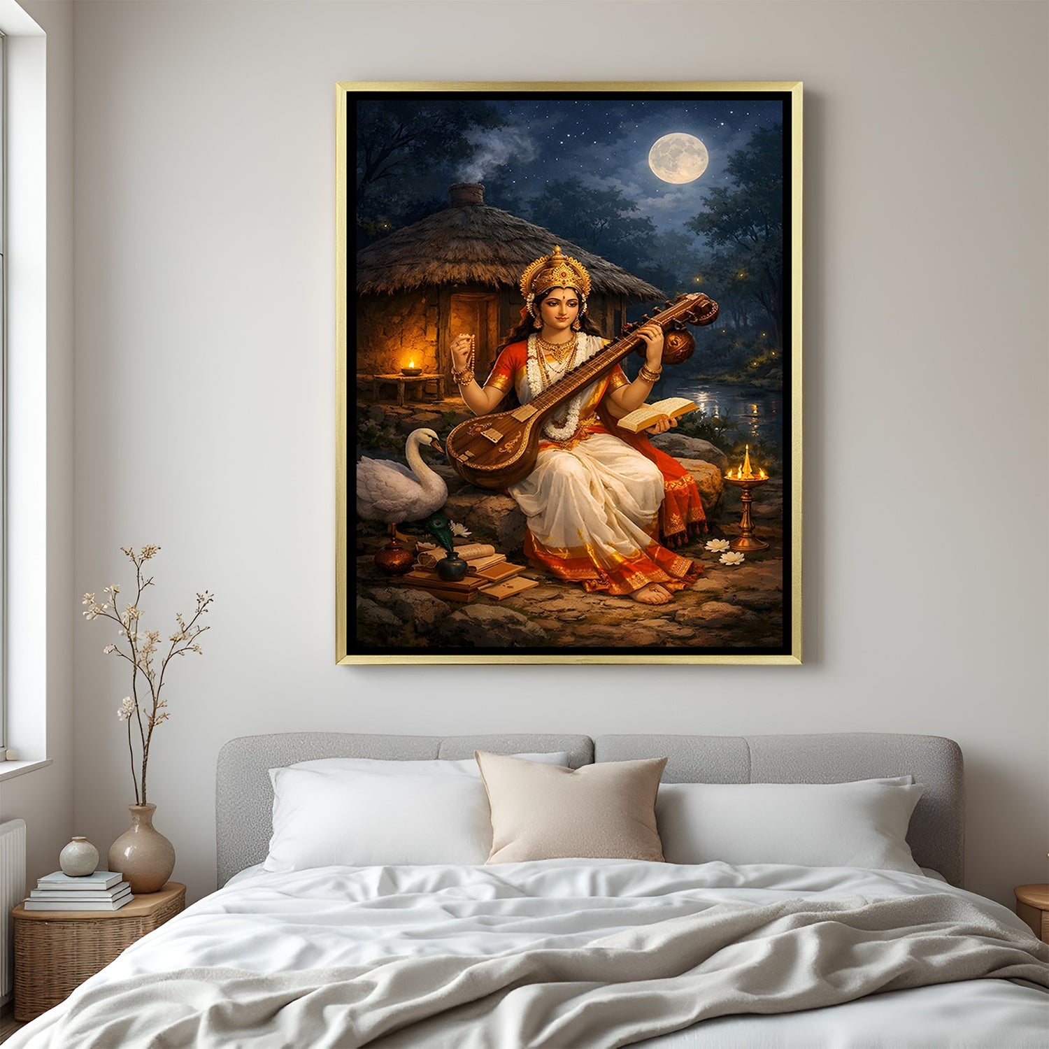 Maa Saraswati luxury spiritual artwork in golden floater frame with natural cottage scenery