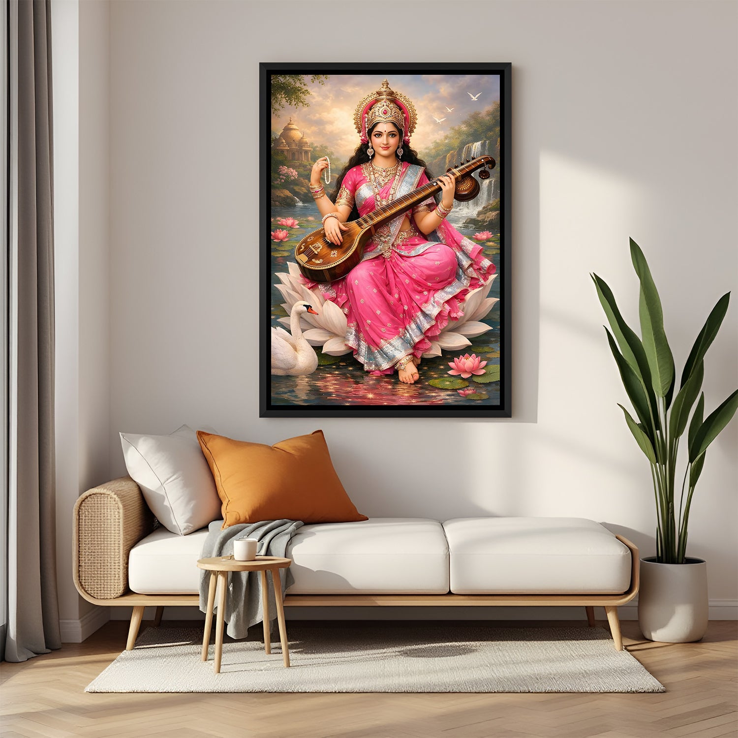 Maa Saraswati divine wall painting in elegant black floater frame with swans and pink lotus