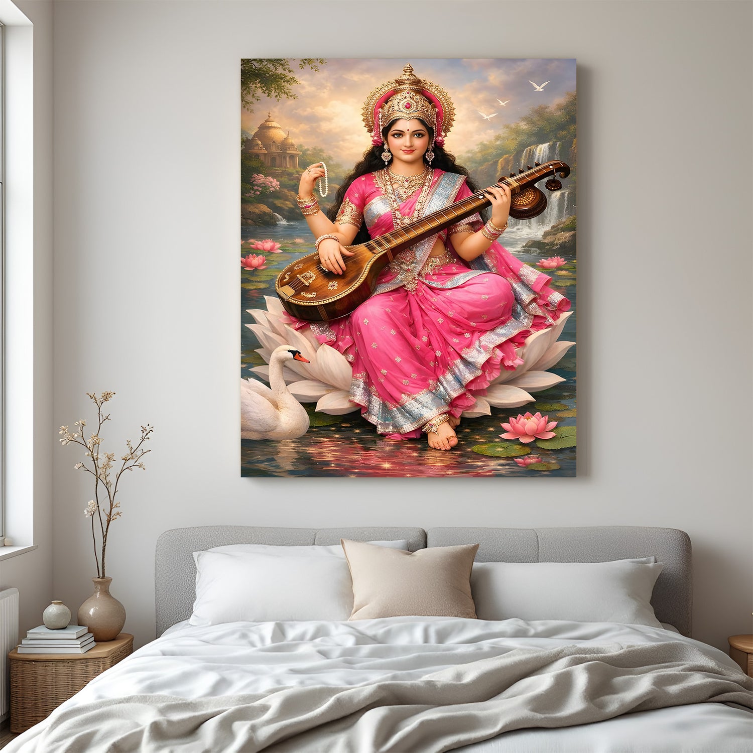 Maa Saraswati seated on white lotus with swan and flying swans spiritual canvas wall art