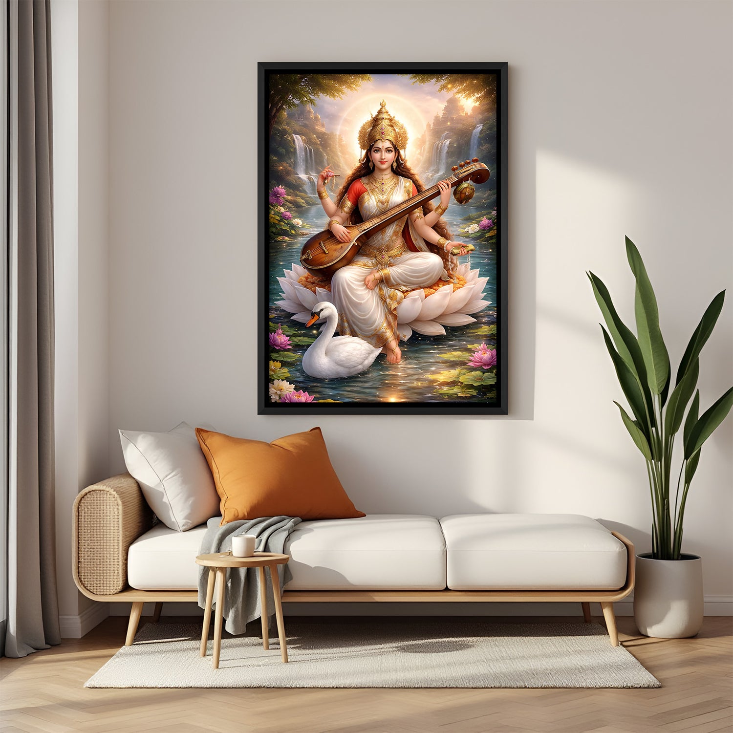 Maa Saraswati divine wall painting in elegant black floater frame with swan and lotus garden background