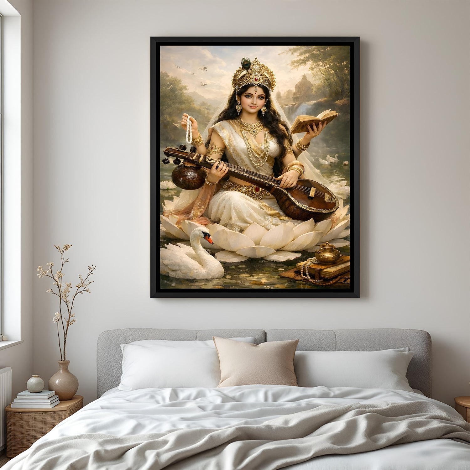 Maa Saraswati divine wall painting in elegant black floater frame with swan and natural scenery