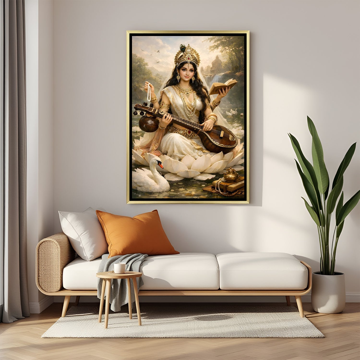 Maa Saraswati luxury spiritual artwork in golden floater frame with lotus and nature background