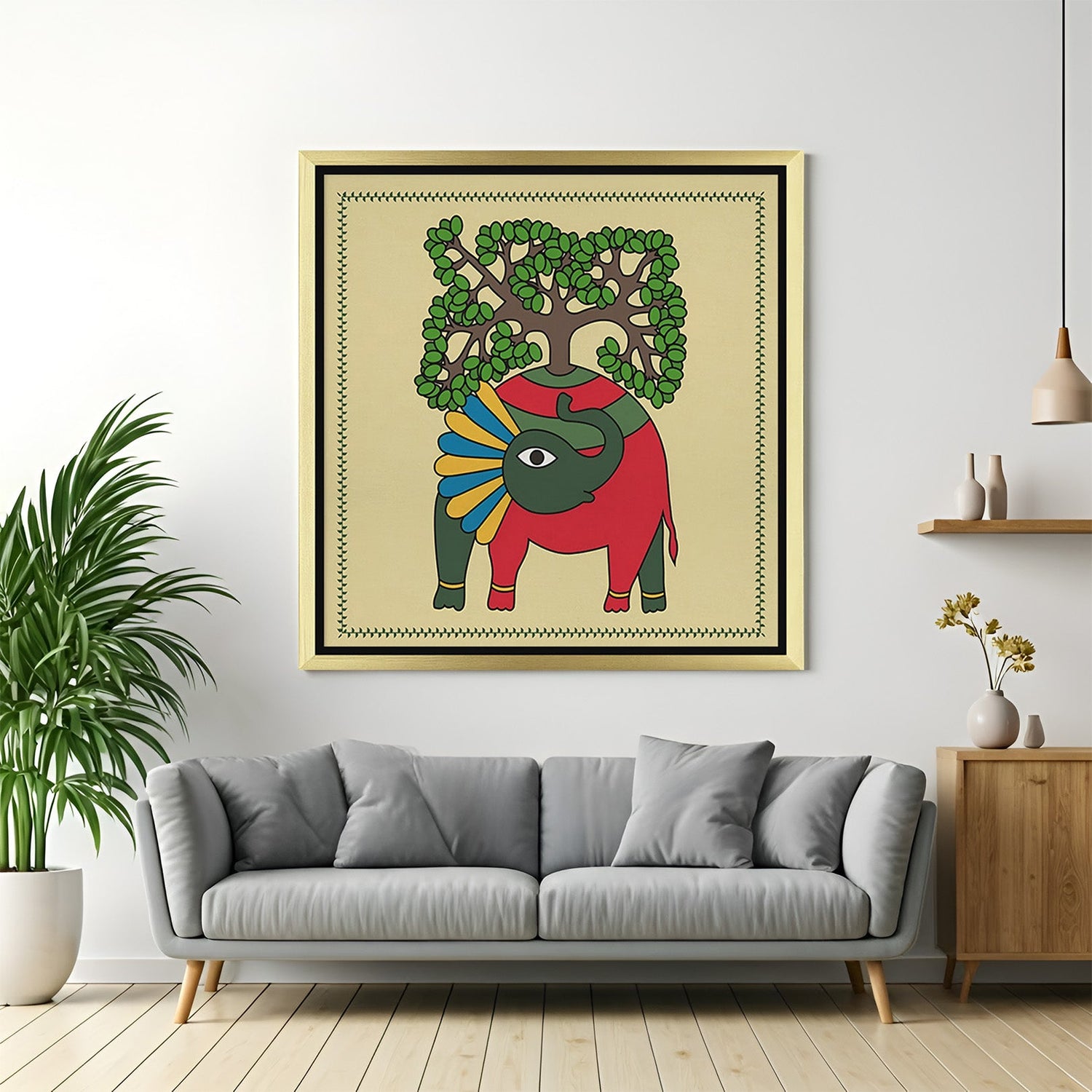 Golden floater frame Madhubani elephant canvas art inspired by traditional Bihar folk painting for vibrant Indian ethnic interiors