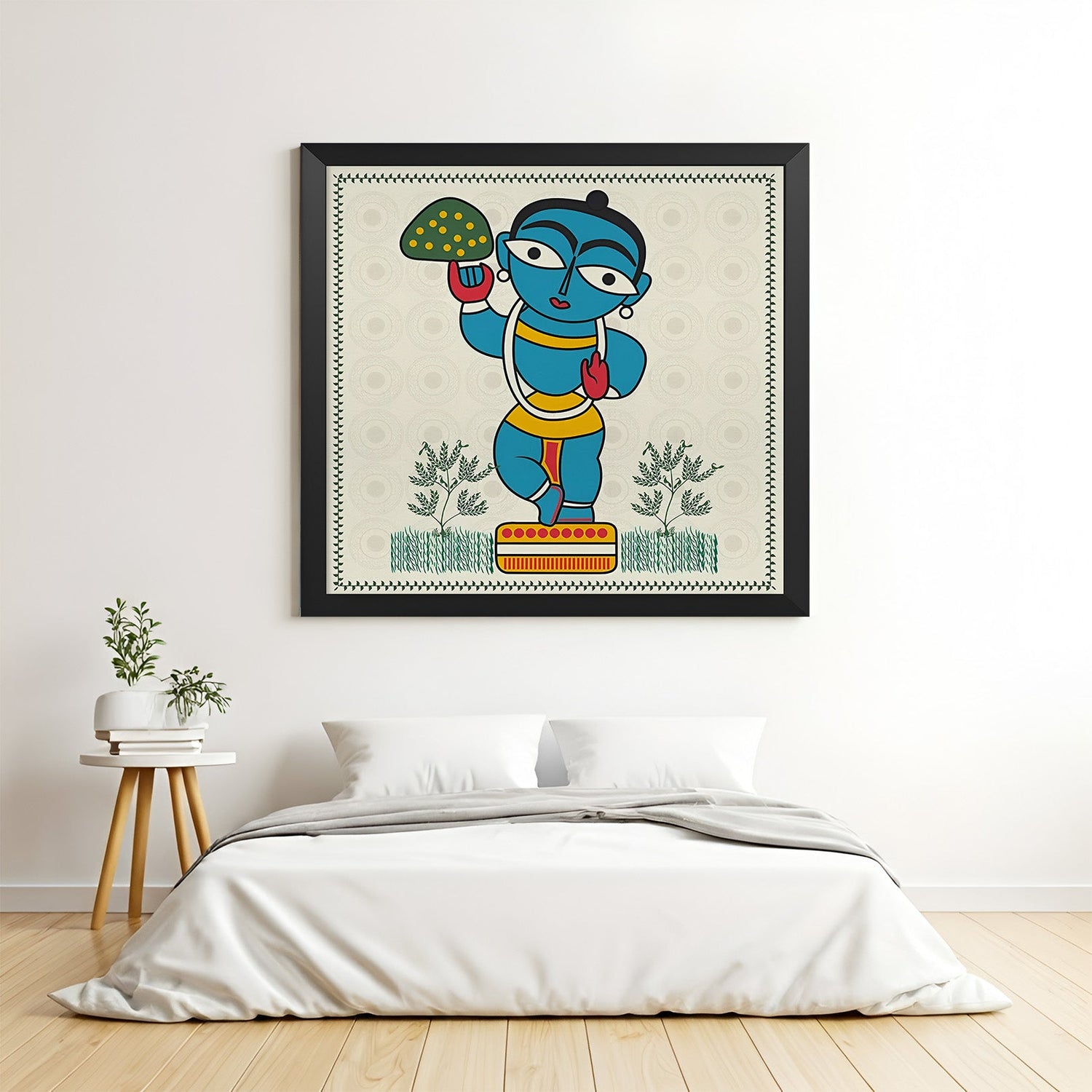 Lord Krishna lifting Govardhan mountain in black frame – Madhubani spiritual canvas art for ethnic Indian interiors and pooja rooms