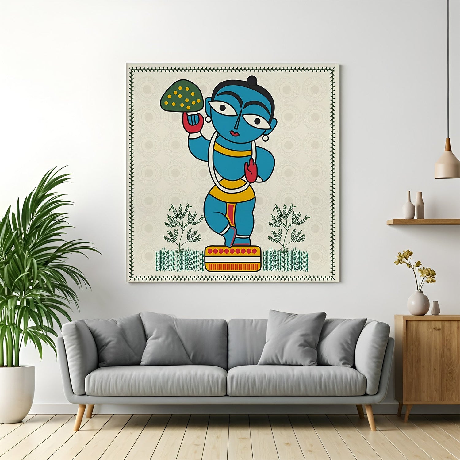 Madhubani canvas painting of Lord Krishna lifting Govardhan – spiritual and traditional wall art for Indian devotional decor