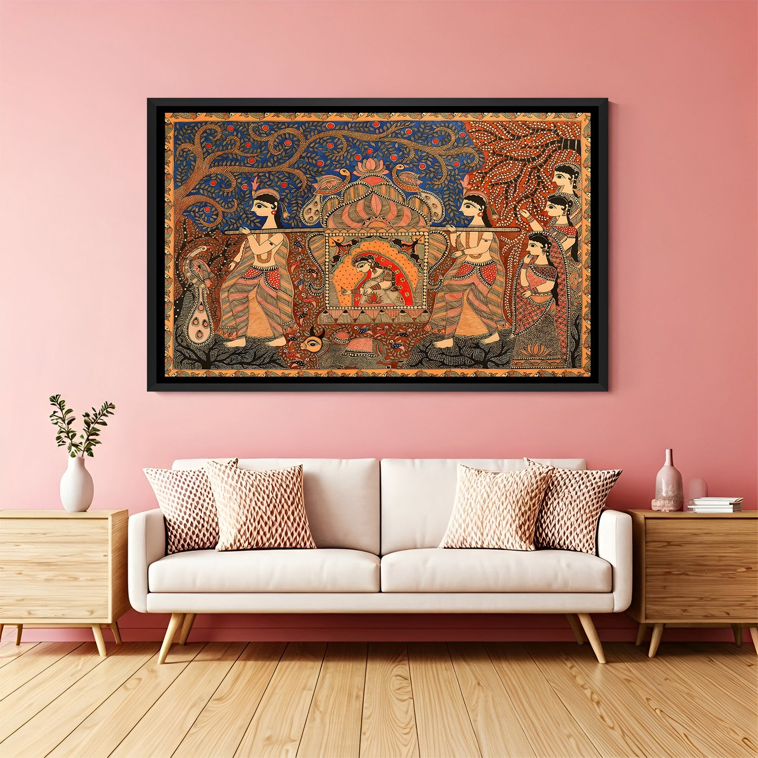 Traditional Madhubani princess palki wall painting in elegant black floater frame for ethnic interiors