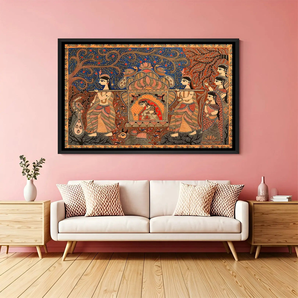Traditional Madhubani princess palki wall painting in elegant black floater frame for ethnic interiors