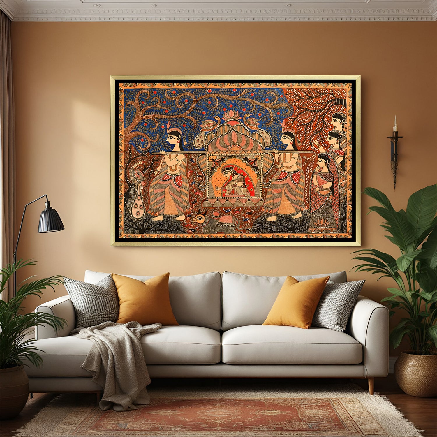 Luxury Madhubani princess in palki artwork in golden floater frame with intricate Indian folk design