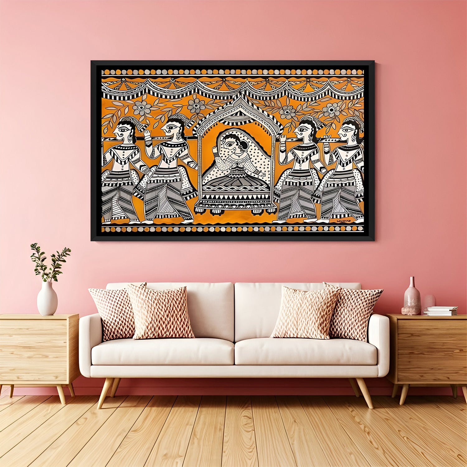 Traditional Madhubani princess palki wall painting with orange background in elegant black floater frame