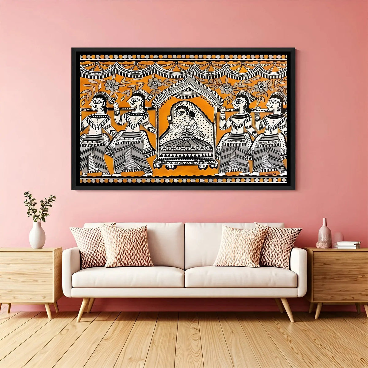 Traditional Madhubani princess palki wall painting with orange background in elegant black floater frame