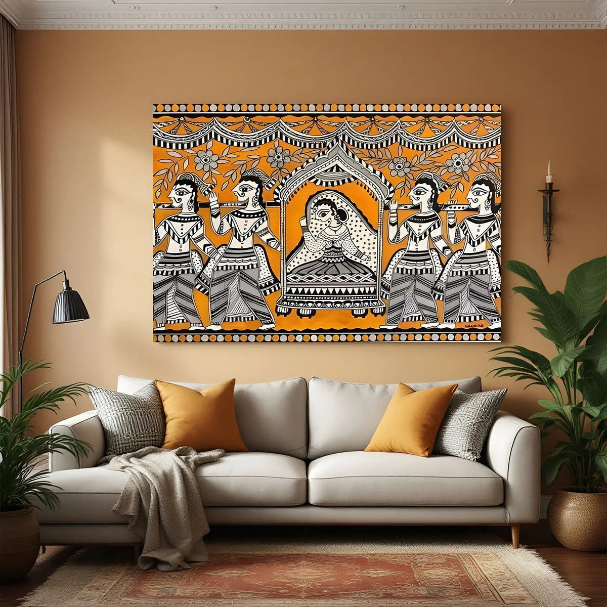 Madhubani princess palki canvas wall art with orange background and traditional folk detailing in premium canvas wrapped frame