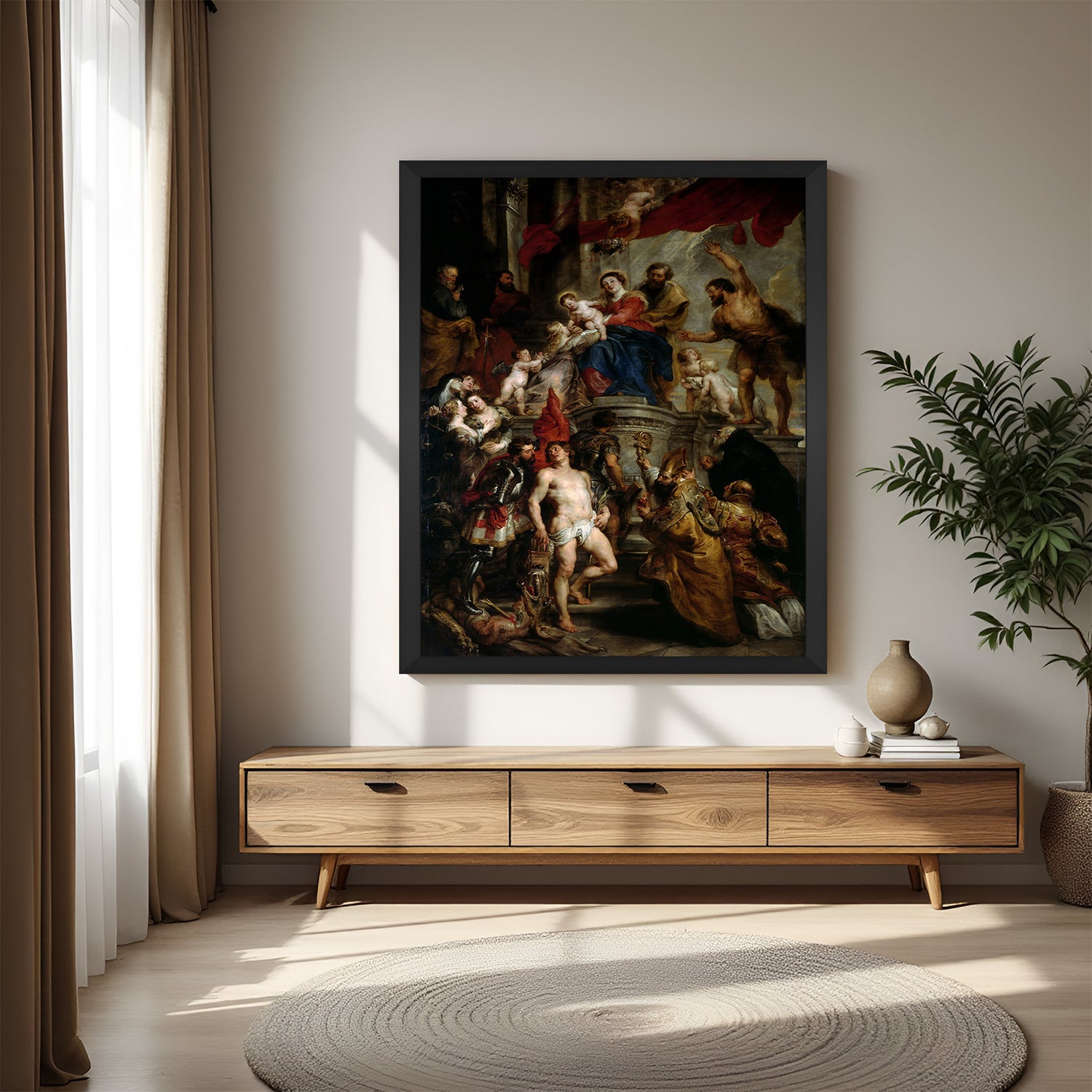 Black-framed vintage religious canvas of Madonna and Child—canvas printed wall art for sacred, historical, and classic spaces