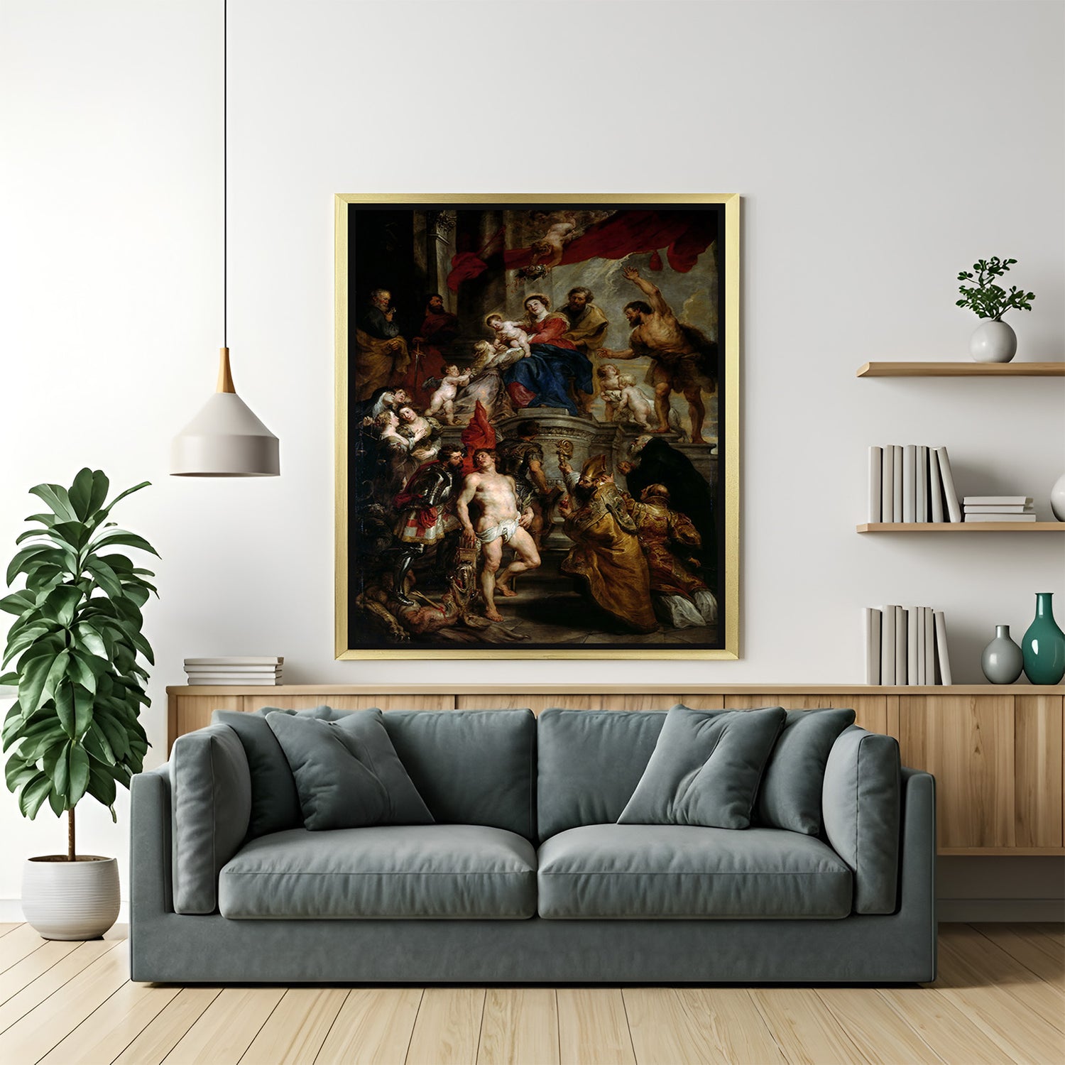 Golden-framed ancient-style canvas print of Rubens’ Madonna and Child—vintage wall decor with spiritual and artistic depth