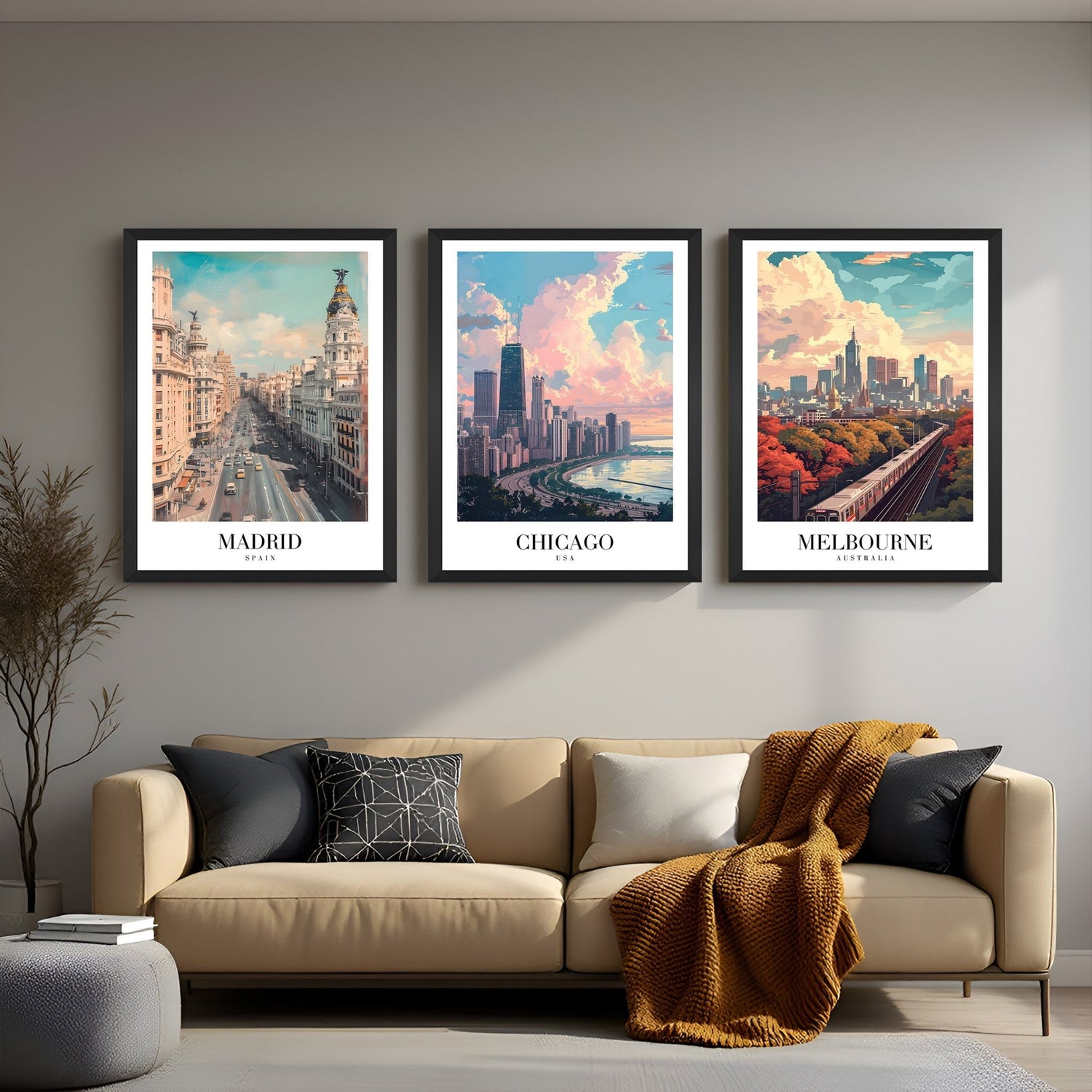 City view canvas art set showing Madrid, Chicago, and Melbourne – perfect for travel lovers, urban interior styles, and global-themed wall decor