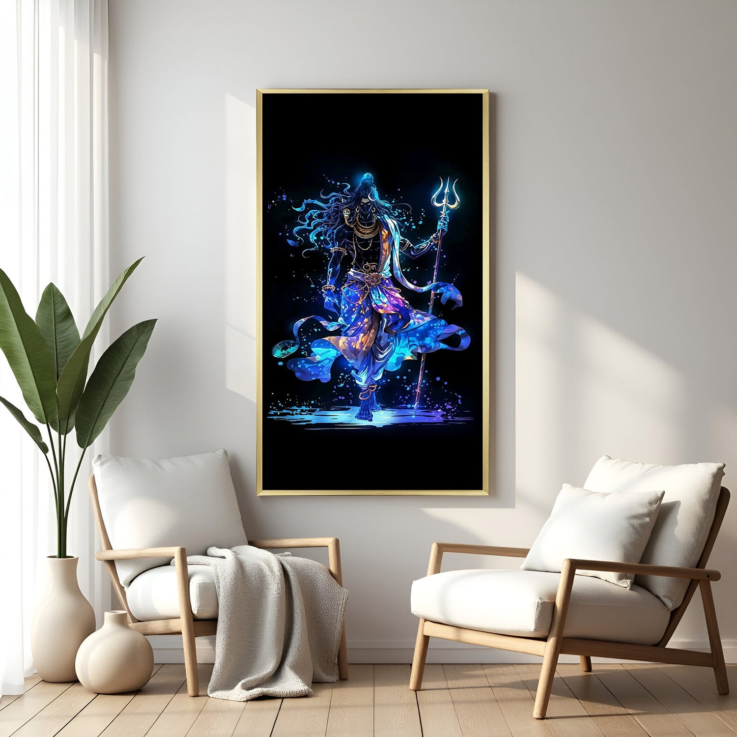 divine shiv ji canvas art with golden floater frame radiating spiritual warmth devotion and peaceful ambience in home