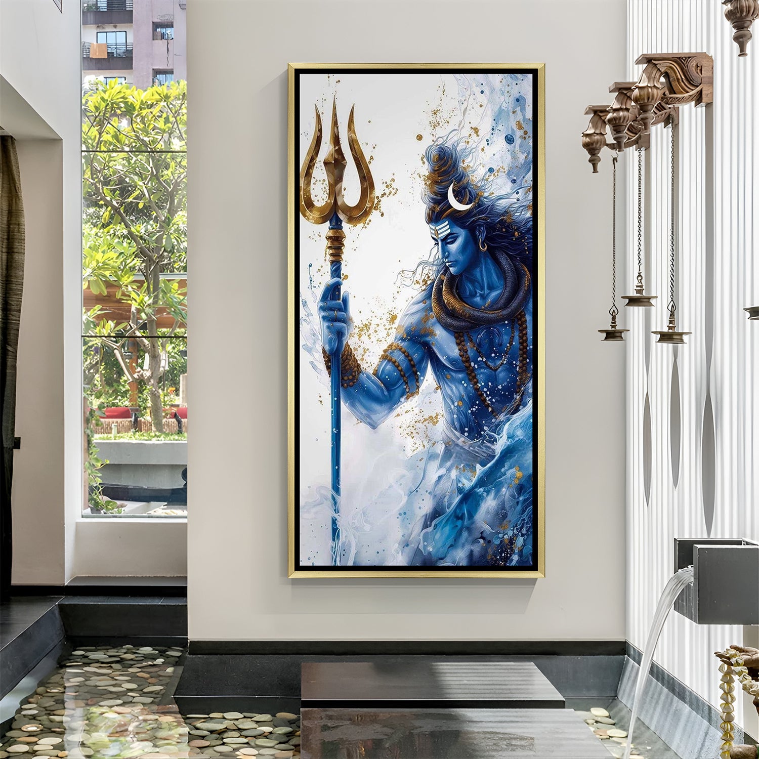mahadev trishul golden framed canvas wall art offering divine blessings positive vastu energy and peaceful spiritual atmosphere in home decor